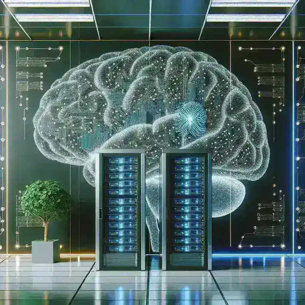 "Illustration of brain-inspired hardware architecture designed for sustainable data centers, showcasing energy-efficient computing solutions and advanced neural network models."