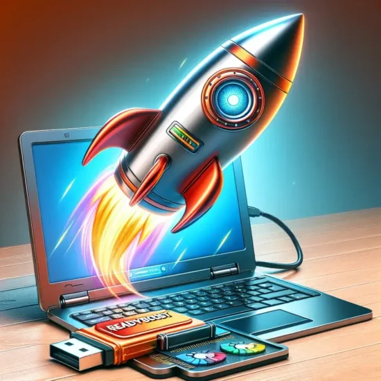 "USB flash drive inserted into a laptop for ReadyBoost to improve PC performance and speed."
