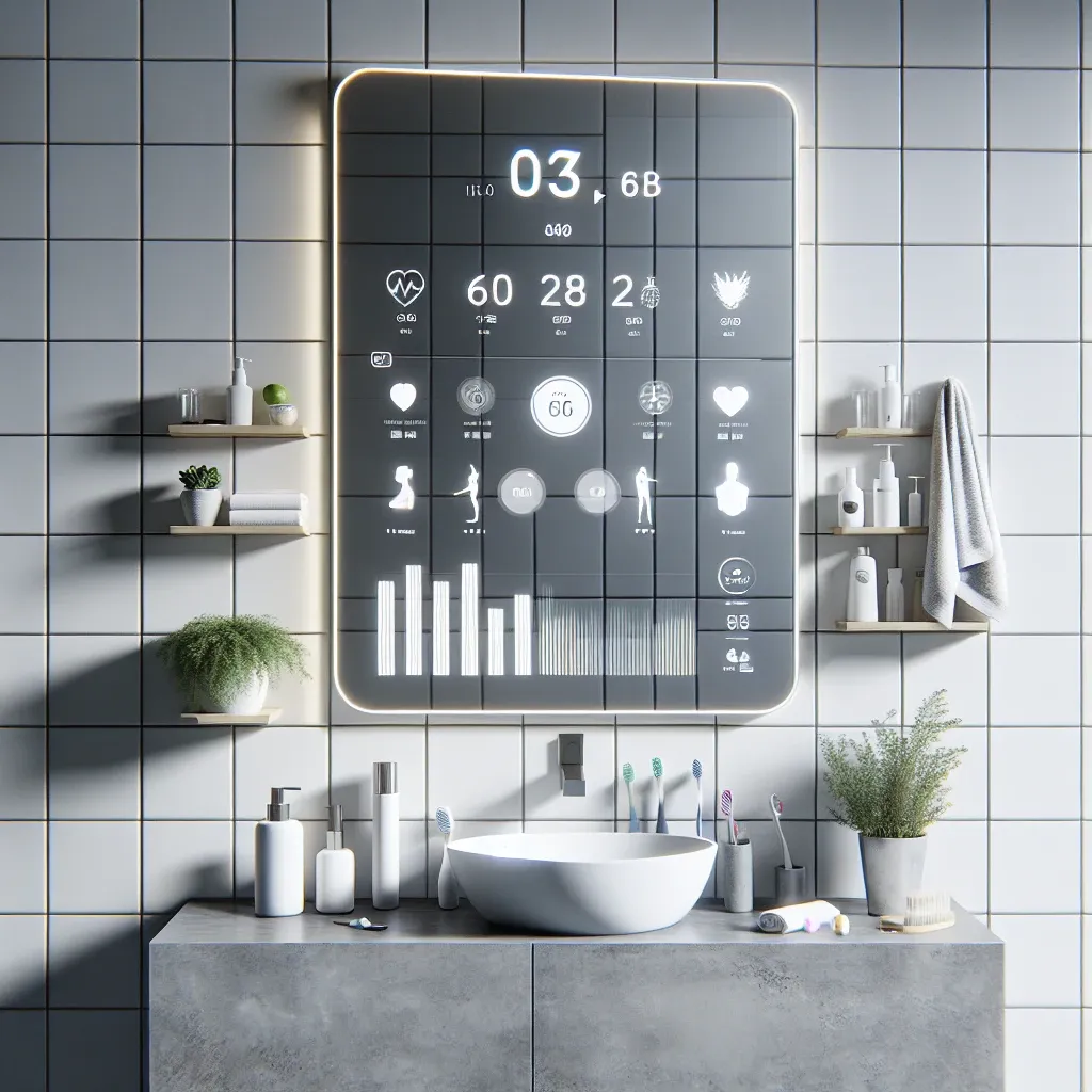 "Close-up of a smart mirror displaying health metrics and personalized wellness recommendations, showcasing the sleek interface and vibrant graphics for user engagement in a modern home setting."