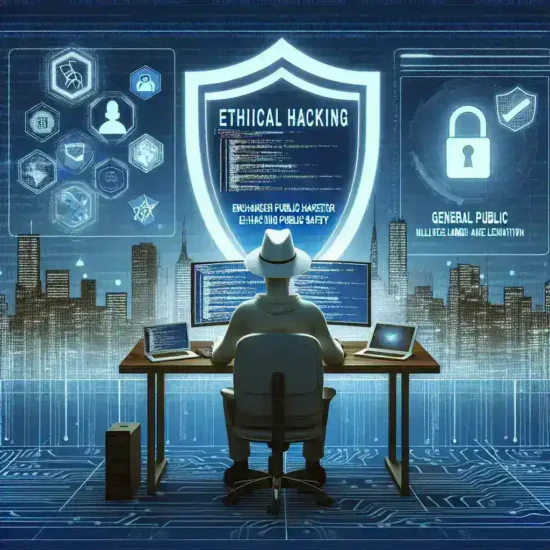 "Ethical hacker analyzing cybersecurity measures on a laptop to enhance public safety, representing the importance of ethical hacking in protecting communities."