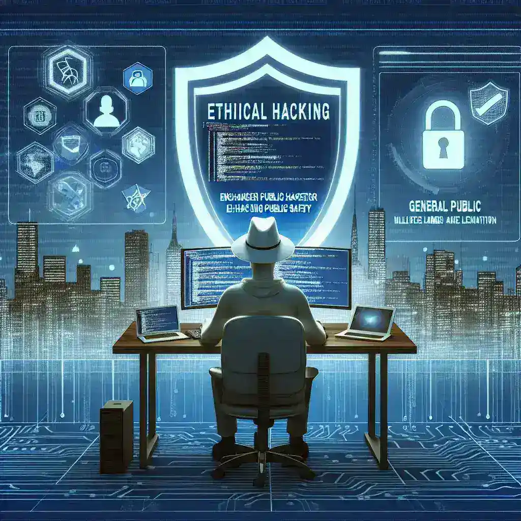"Ethical hacker analyzing cybersecurity measures on a laptop to enhance public safety, representing the importance of ethical hacking in protecting communities."